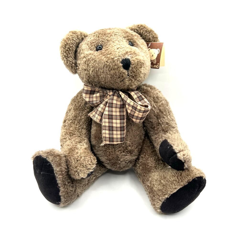 Vintage NWT‎  Bearland Teddy Bear Movable Parts Plaid Bow 90s